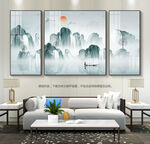 水墨山水画客厅装饰画三联画挂画