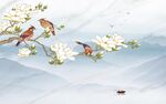白玉兰画眉新中式客厅山水背景墙