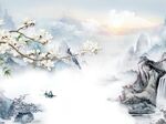 新中式玉兰花鸟水墨山水意境背景