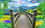 远山花海木桥走道背景画