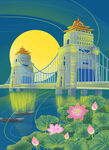中国风国潮扬州万福大桥建筑风景