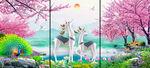 小清新麋鹿樱花树三联画