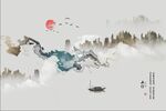 山行抽象线条水墨山水麋鹿背景墙