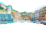 山脚下的建筑手绘插画装饰画