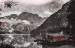 山水风景国画手绘效果装饰插画