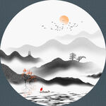 新中式抽象水墨山水圆形装饰画