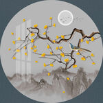 新中式手绘银杏树花鸟圆形装饰画