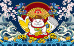 国潮招财猫樱花工装背景墙