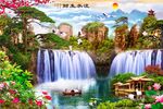财生水流流水生财迎客松壁画背景