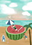 海边沙滩晒太阳插画