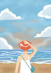 海报沙滩上女孩插画