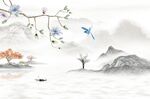 工笔玉兰山水江南背景墙