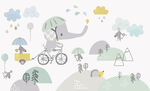 卡通大象自行车儿童房背景墙壁画