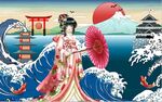 浮世绘日本和服美料理餐饮背景墙
