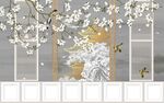 新中式线描古建筑宫殿背景墙  