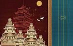 新中式线描古建筑背景墙    