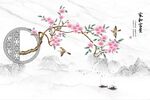 工笔桃花花鸟家和富贵背景墙