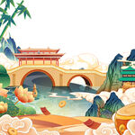 国潮插画云雾山脉元素