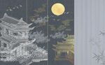 新中式线描古建筑背景墙 