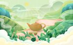 国潮茶叶卡通春茶插画绿色春天