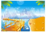 城市剪影夏季海边桥椰子