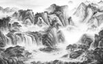 国画灰色山水框画 tif分层