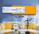 新中式山水横幅床头画餐厅壁画