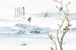 新中式水墨山水花鸟背景墙