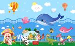 卡通海边风景插画背景墙