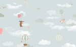 卡通动物蓝天白云气球背景壁画