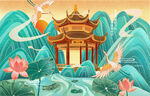 插画国潮山
