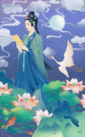 荷塘侍女图插画