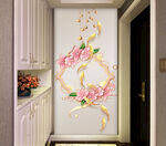 粉色桃花九鱼图玄关装饰画