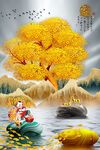 新中式石来运转山水麋鹿装饰画