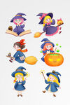 手绘万圣节可爱学院小魔女套图元