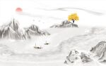 日出装饰画 新中式山水画 小船
