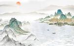 日出装饰画 新中式山水画 小船