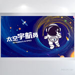 蓝色卡通太空知识宇航员展板海报