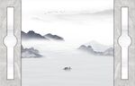 新中式山水画背景墙 小船