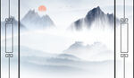 日出新中式山水画背景墙 小船