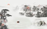 水墨山水画背景墙 船