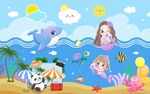 卡通夏日海底世界儿童房背景墙