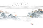 新中式山水飞鸟水墨画意境背景墙