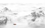 高山流水小船国画山水背景墙