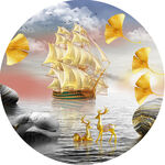 金色帆船湖畔美景圆形挂画装饰画