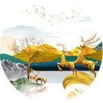 金色麋鹿湖畔中式圆形挂画装饰画