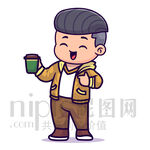 可爱卡通人物男孩喝奶茶咖啡