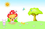 卡通兔子蘑菇屋太阳小鸟