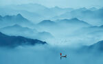 空灵意境山水风景蓝色写意背景墙