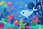 海底世界卡通海豚手绘珊瑚背景墙